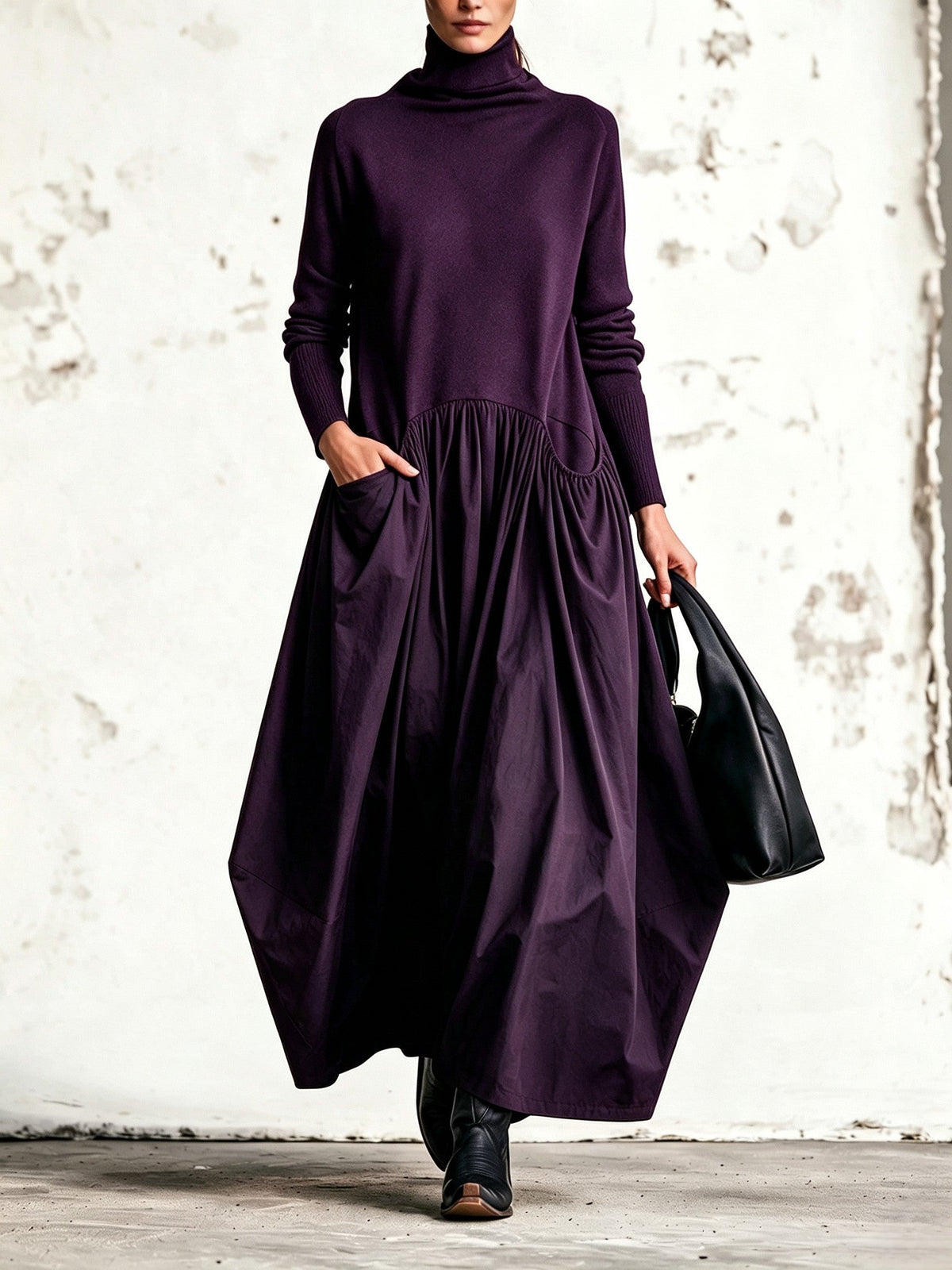 Odette | Robe longue oversize noire à col montant