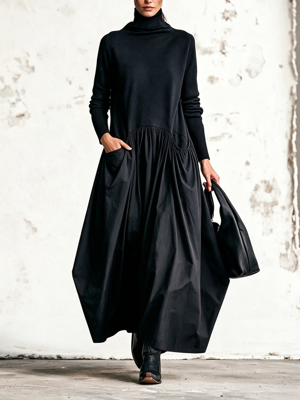 Odette | Robe longue oversize noire à col montant