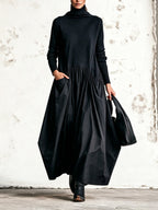 Odette | Robe longue oversize noire à col montant