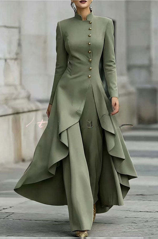 Juliette | Ensemble haut à col montant boutonné à ourlet asymétrique et pantalon large