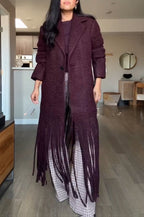 Roxane | Manteau mi-long en laine mélangée à revers, poches et franges