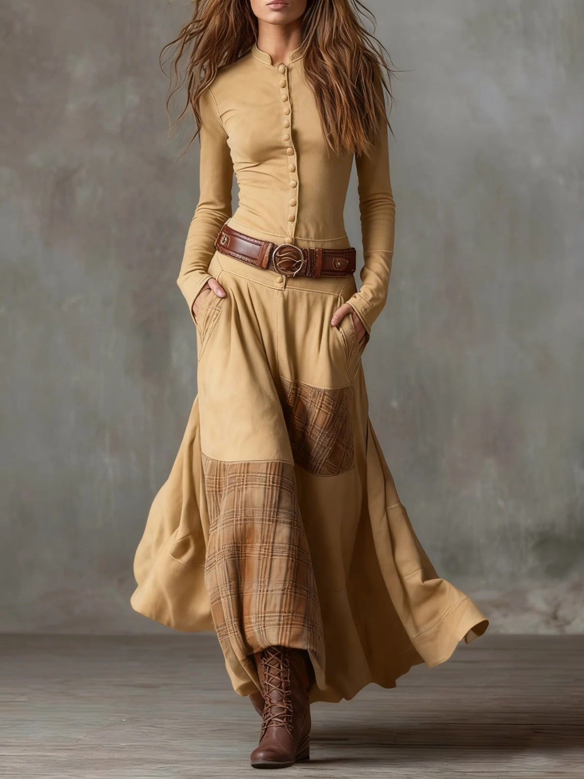 Élisa | Robe longue effet daim avec ceinture