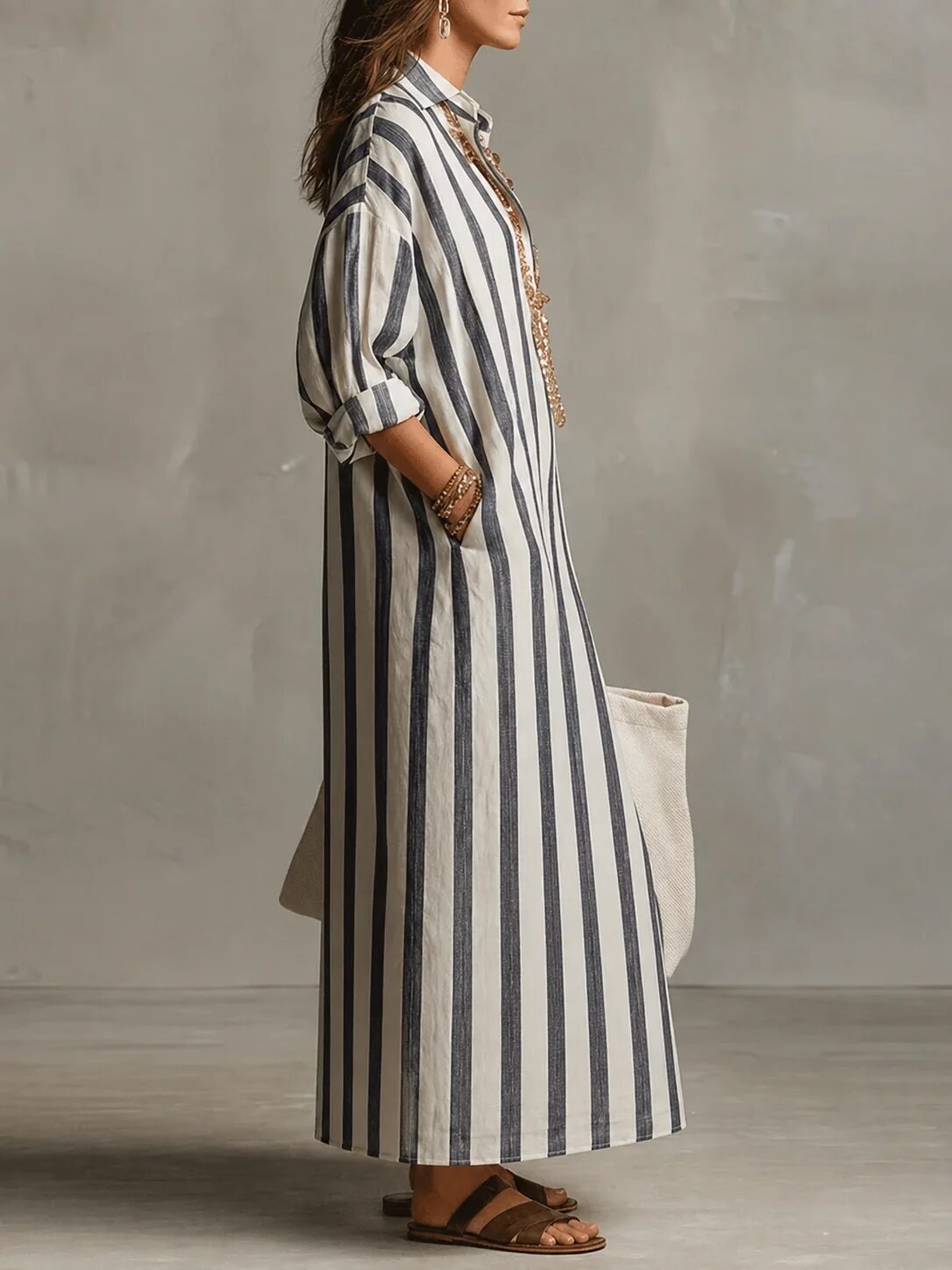 Marie | Robe longue rayée à col chemise
