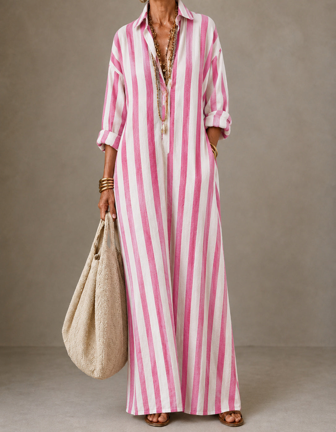 Marie | Robe longue rayée à col chemise