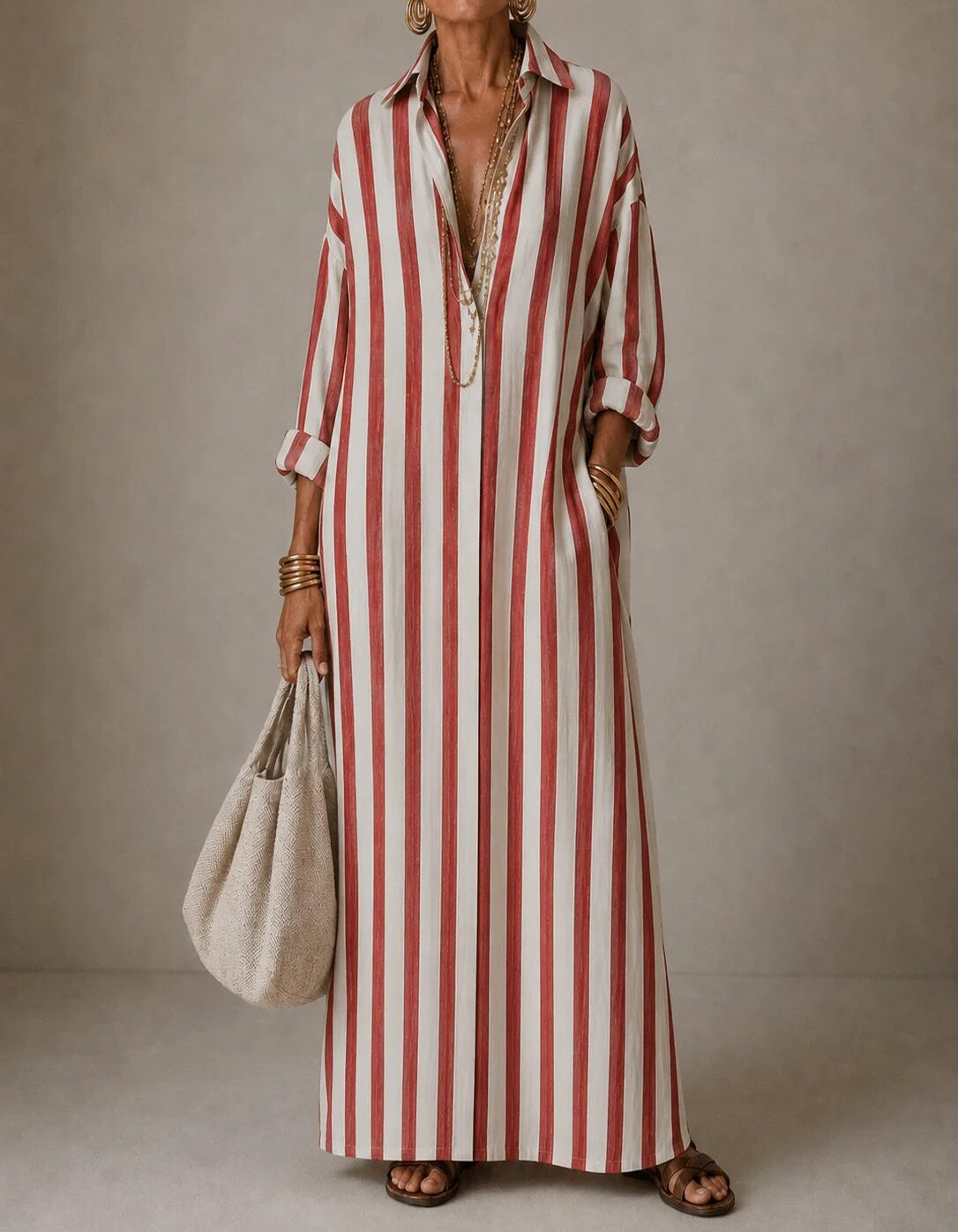 Marie | Robe longue rayée à col chemise
