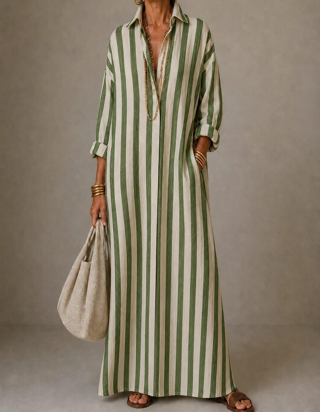 Marie | Robe longue rayée à col chemise