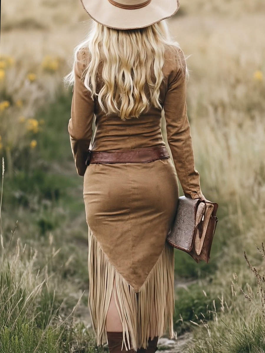 Camille | Robe mi-longue western rétro à revers, zippée, manches longues et franges