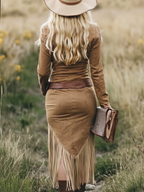 Camille | Robe mi-longue western rétro à revers, zippée, manches longues et franges