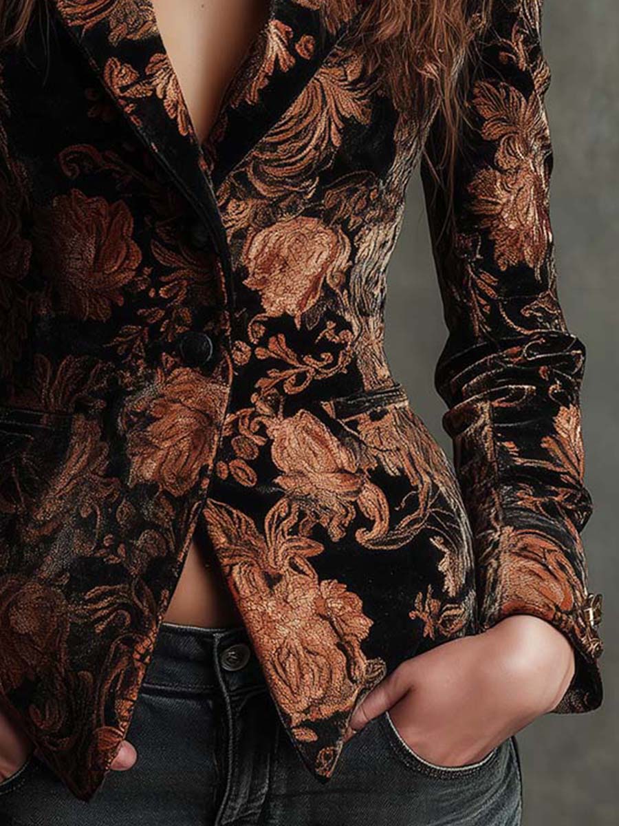 Jade | Blazer de tailleur à imprimé floral noir et bronze