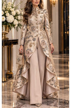 Léonie | Ensemble fleuri haut à col montant boutonné à ourlet asymétrique et pantalon large