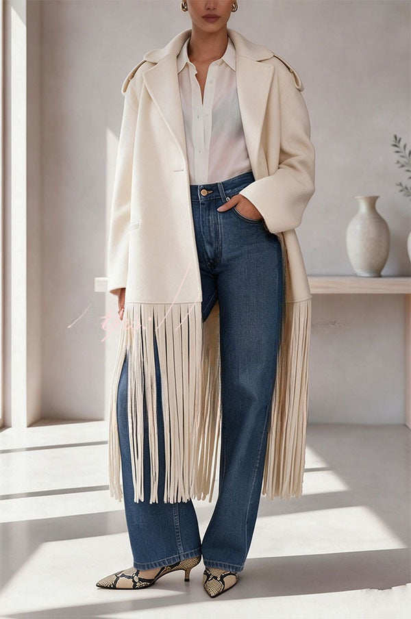 Roxane | Manteau mi-long en laine mélangée à revers, poches et franges