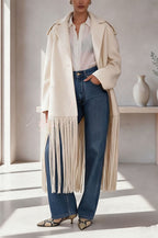 Roxane | Manteau mi-long en laine mélangée à revers, poches et franges
