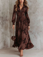 Oriane | Robe longue marron taille haute avec zip et motif cachemire.