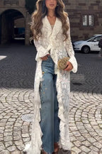 Héloïse | Robe longue à col revers en dentelle florale, volants et manches évasées
