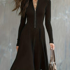 Valdine | Robe mi-longue ajustée à manches longues et zip devant pour femme