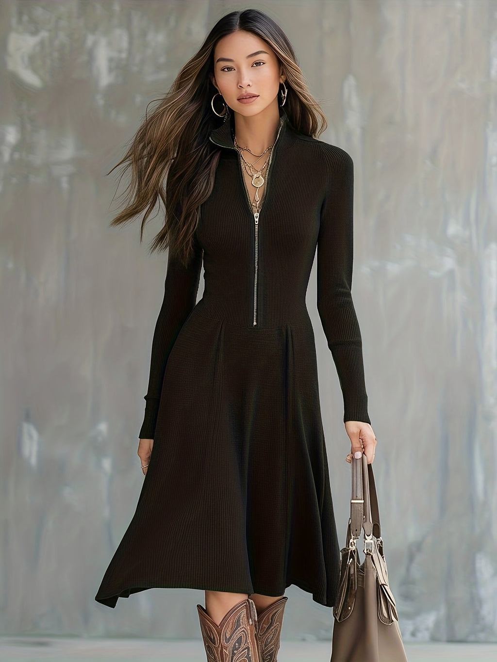 Valdine | Robe mi-longue ajustée à manches longues et zip devant pour femme
