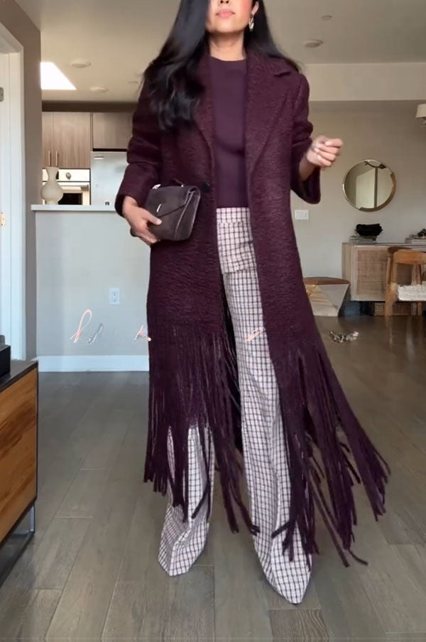 Roxane | Manteau mi-long en laine mélangée à revers, poches et franges