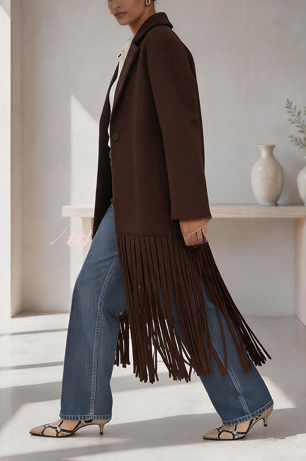 Roxane | Manteau mi-long en laine mélangée à revers, poches et franges