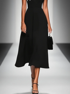Louane | Robe Midi Femme Bicolore Col Carré Manches Capes Cintrée à la Taille