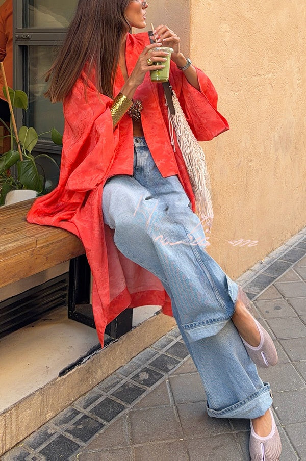 Inès | Long manteau kimono ample en satin jacquard imprimé à manches chauve-souris