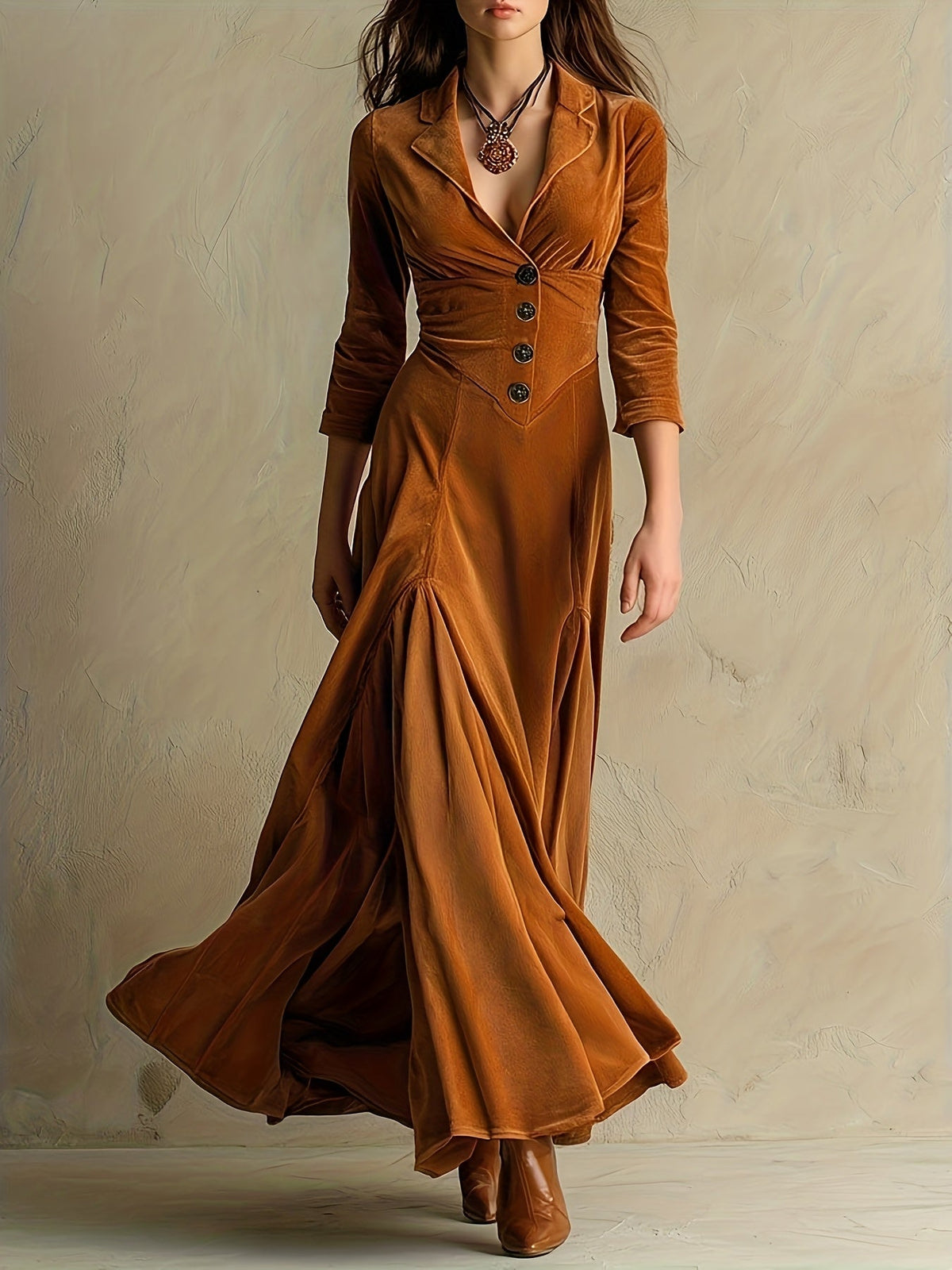 Hermance | Robe mi-longue à col chemise et décolleté en V, boutonnée devant, manches 7/8 pour femme