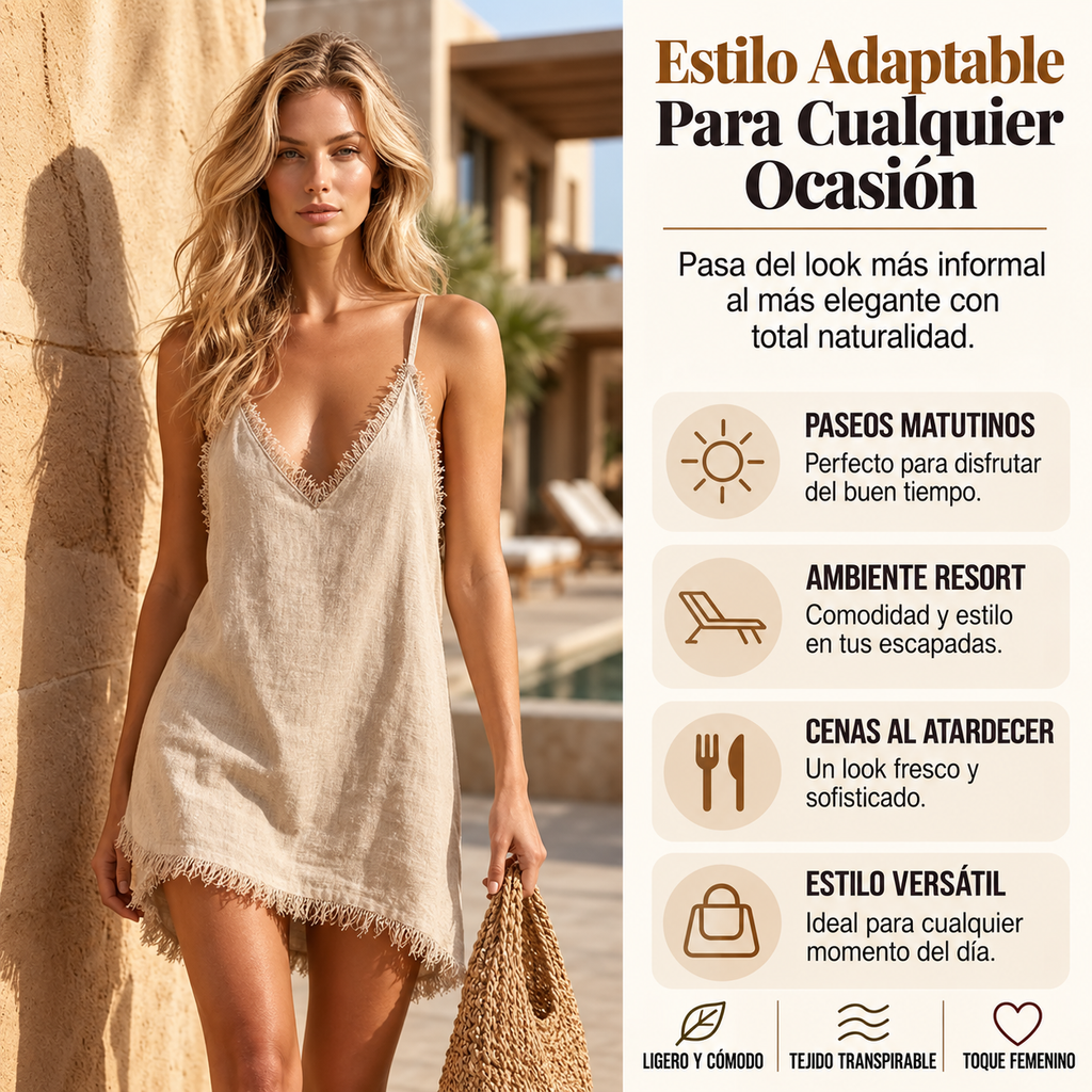 Miriam | Minivestido lencero con escote en V y borde deshilachado