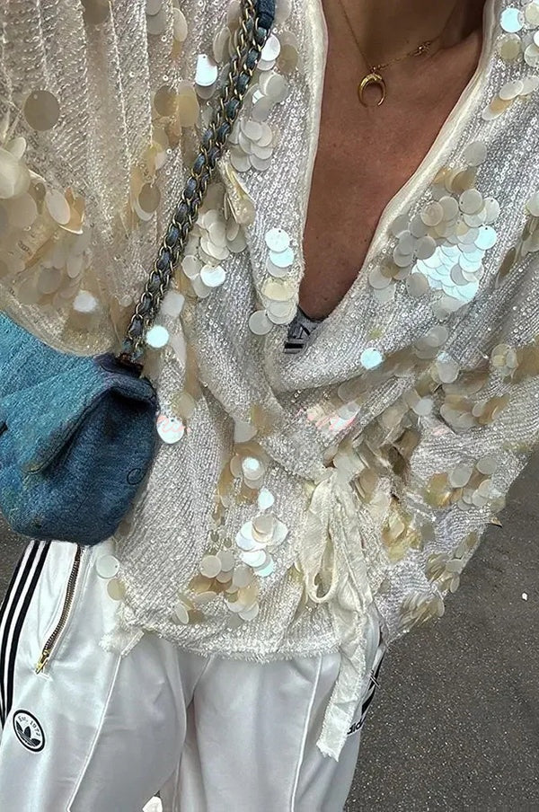 Fleur | Haut ample pailleté à manches longues et lien