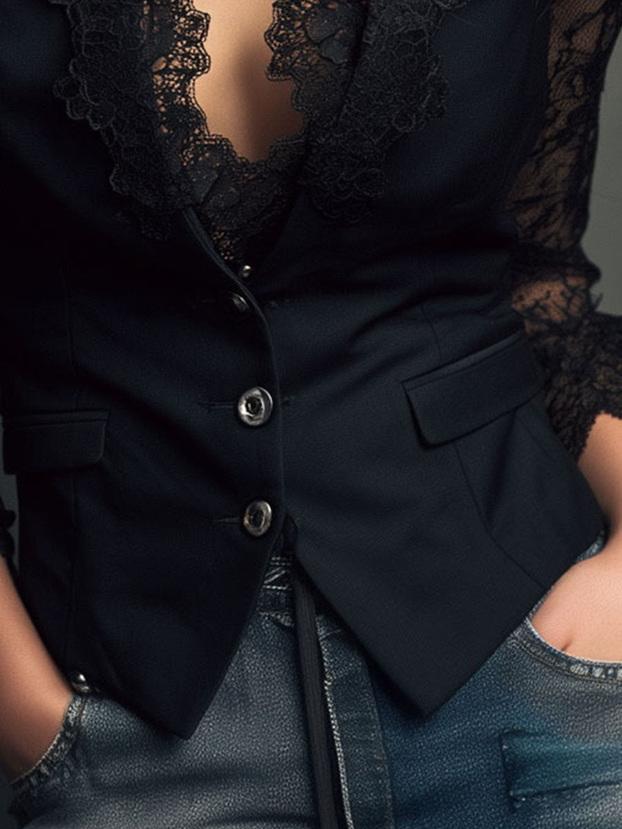 Célestine | Haut Blazer Noir à Manches Semi-Transparentes