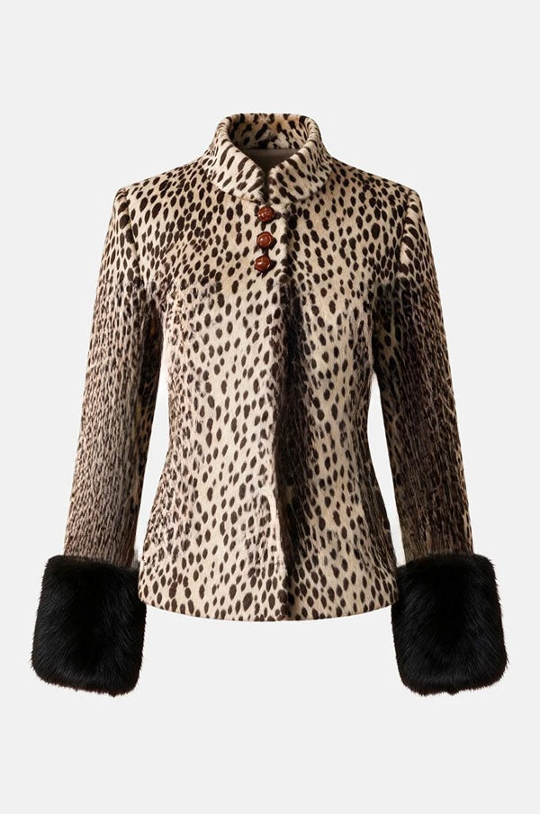 Faustine | Veste rétro en fausse fourrure imprimé animal, col montant et poignets duveteux