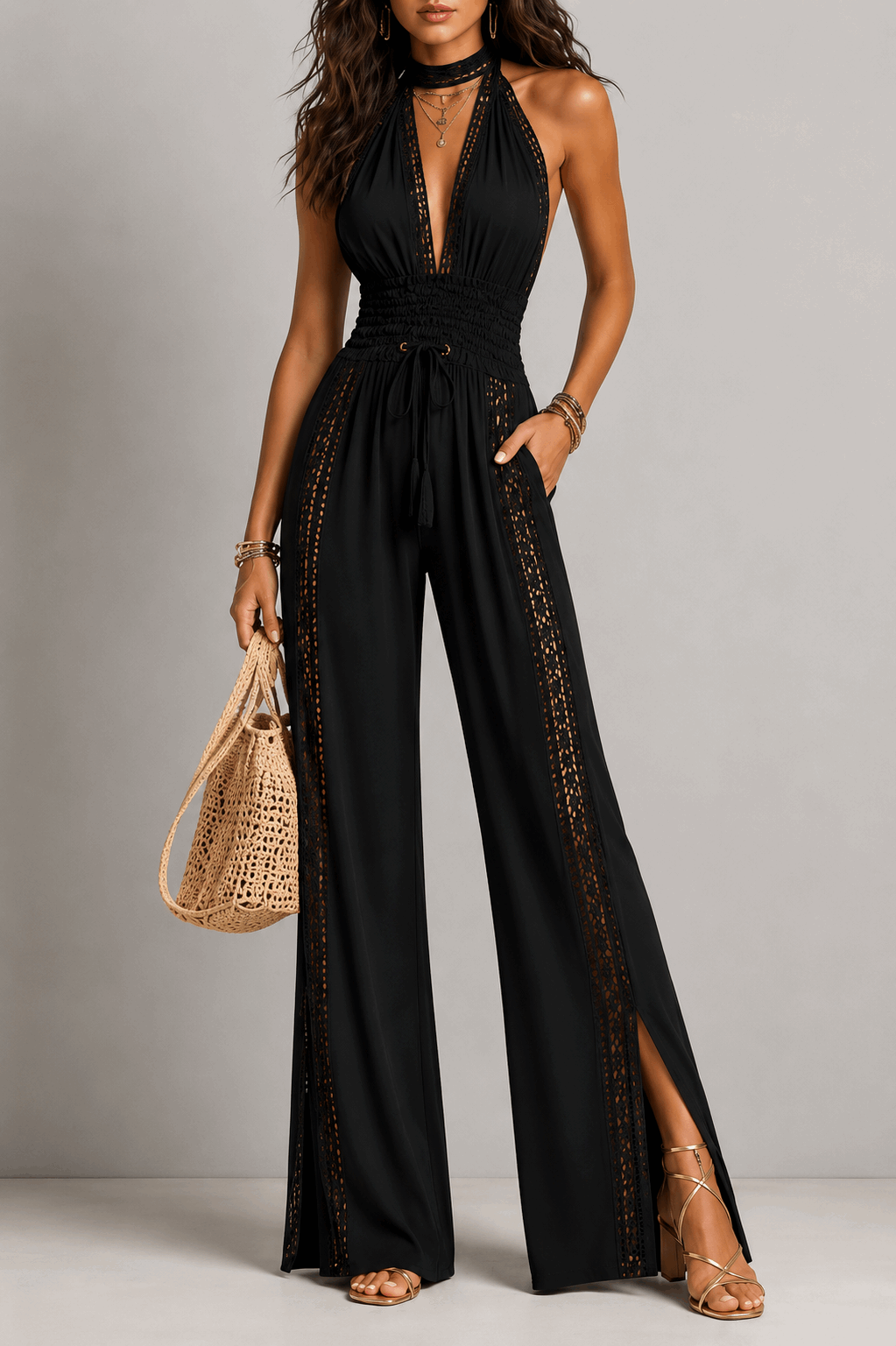Minerva | Mono de una pieza estilo bohemio elegante con paneles de encaje negro, cintura fruncida y pernera ancha.