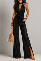 Minerva | Mono de una pieza estilo bohemio elegante con paneles de encaje negro, cintura fruncida y pernera ancha.
