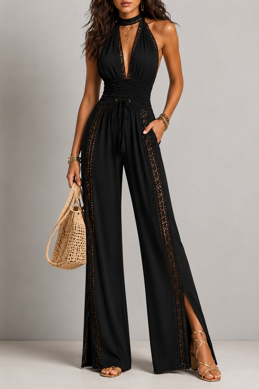Minerva | Mono de una pieza estilo bohemio elegante con paneles de encaje negro, cintura fruncida y pernera ancha.