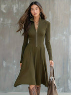 Valdine | Robe mi-longue ajustée à manches longues et zip devant pour femme