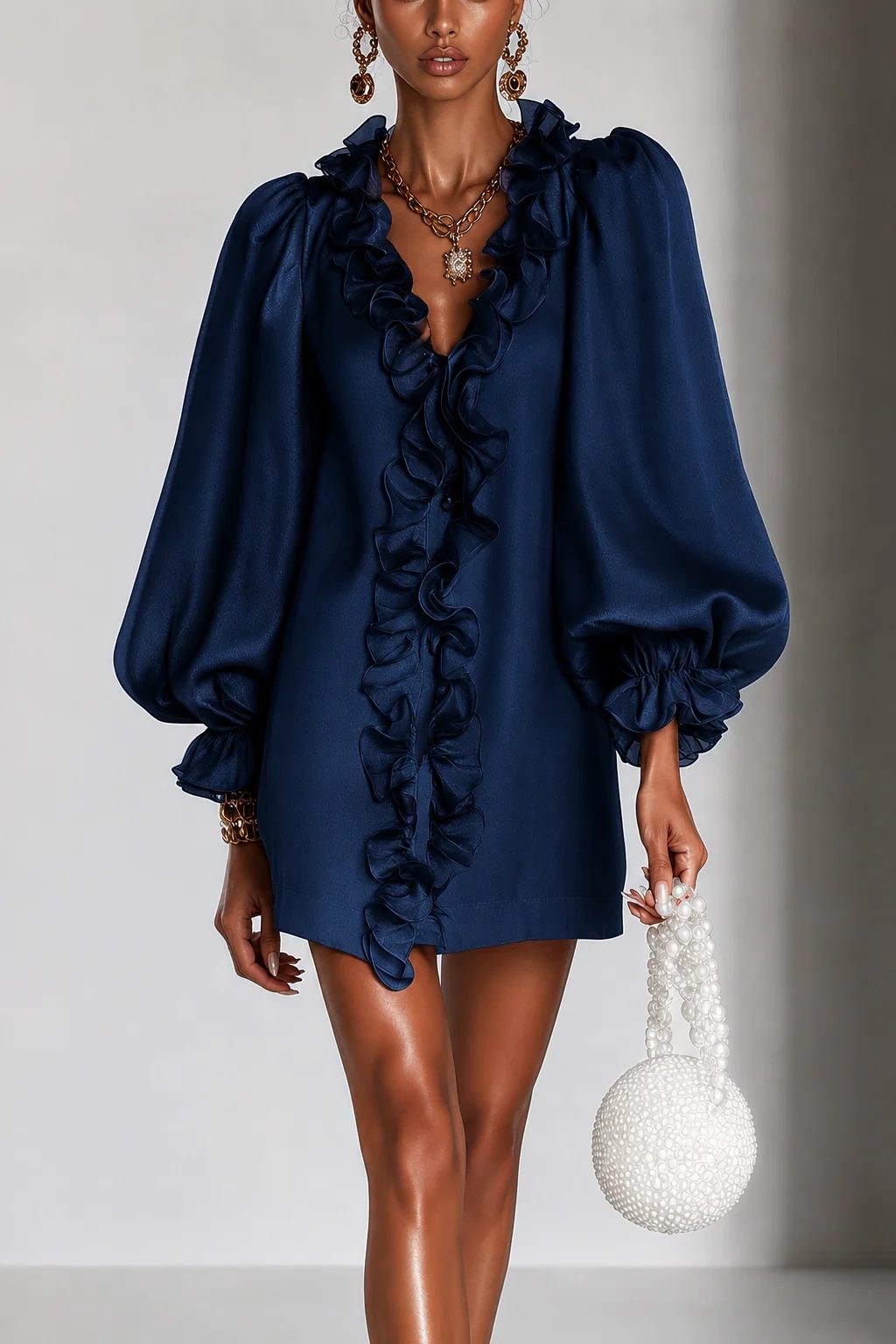Valérie | Robe courte à encolure volantée et manches bouffantes