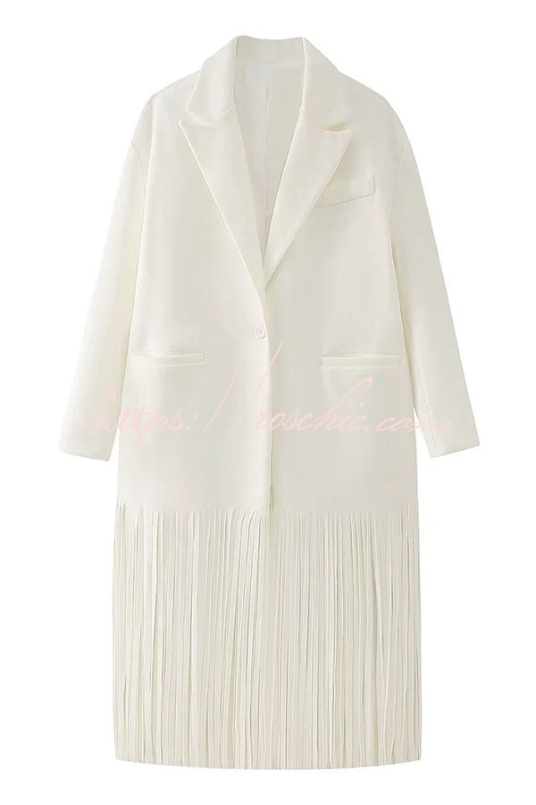 Roxane | Manteau mi-long en laine mélangée à revers, poches et franges
