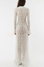 Héloïse | Robe longue à col revers en dentelle florale, volants et manches évasées