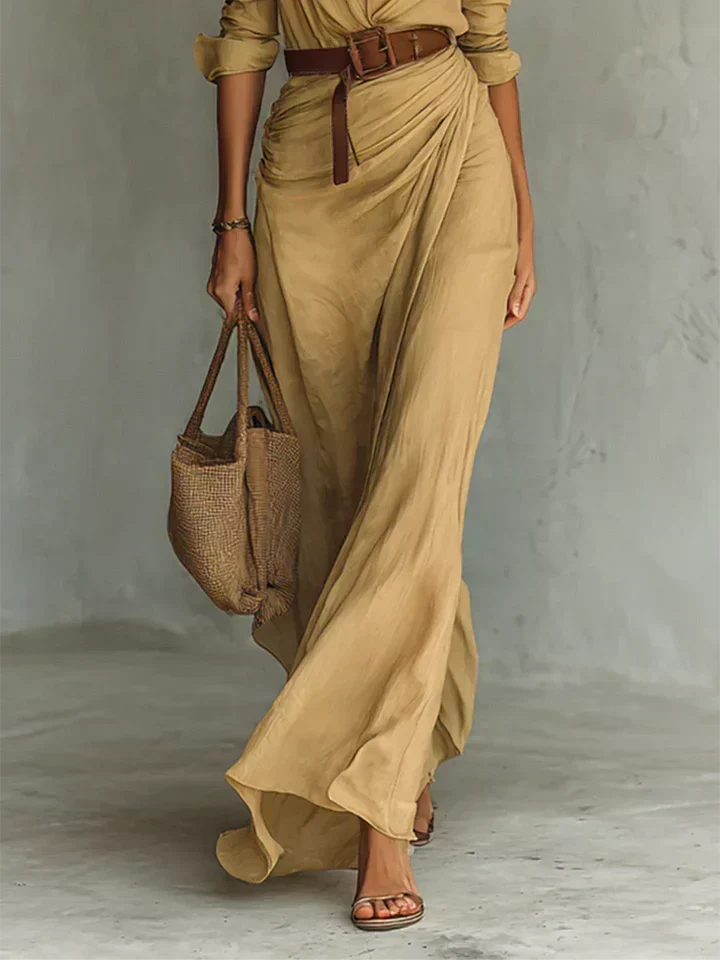 Aliénor | Robe longue portefeuille ceinturée à col V
