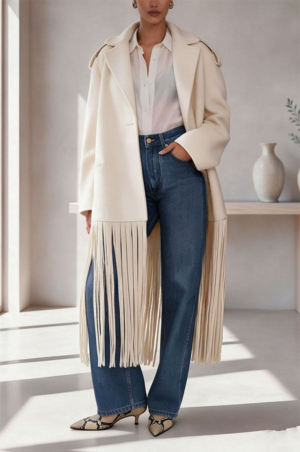Roxane | Manteau mi-long en laine mélangée à revers, poches et franges