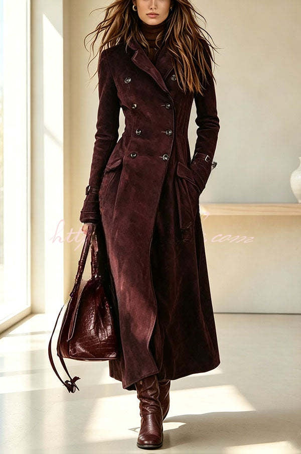 Ophélie | Long trench en suédine à revers, boutons et poches
