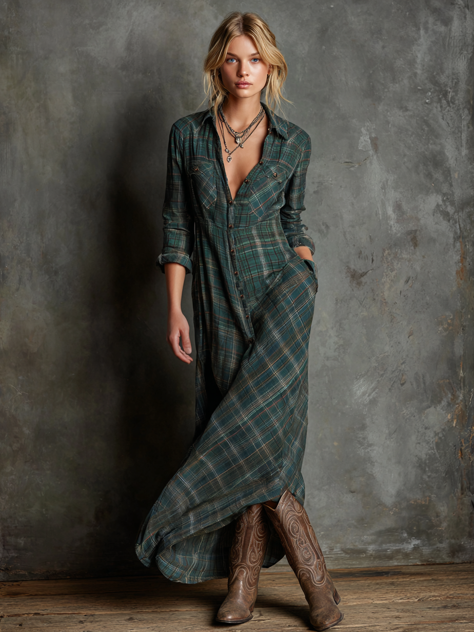 Ombeline | Robe chemise longue à carreaux, boutonnée devant, à manches longues pour femme