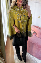 Apolline | Poncho en maille à imprimé bandana, manches ouvertes, franges et zip