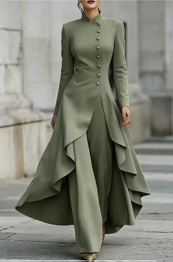 Juliette | Ensemble haut à col montant boutonné à ourlet asymétrique et pantalon large