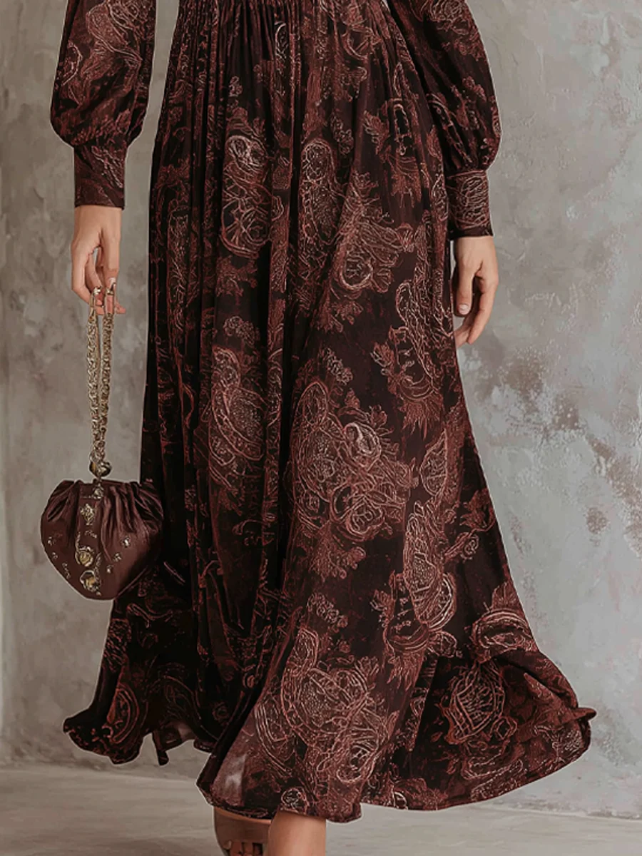 Oriane | Robe longue marron taille haute avec zip et motif cachemire.