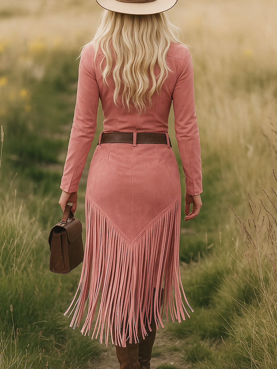 Camille | Robe mi-longue western rétro à revers, zippée, manches longues et franges