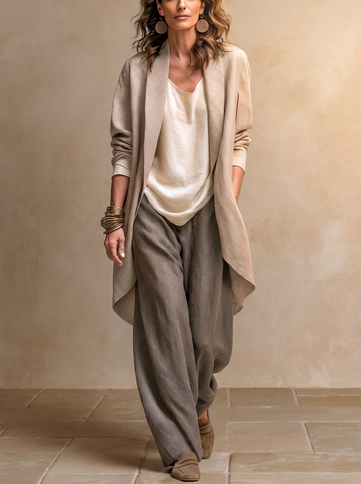 Constance | Ensemble trois pièces élégant beige et gris avec pantalon palazzo