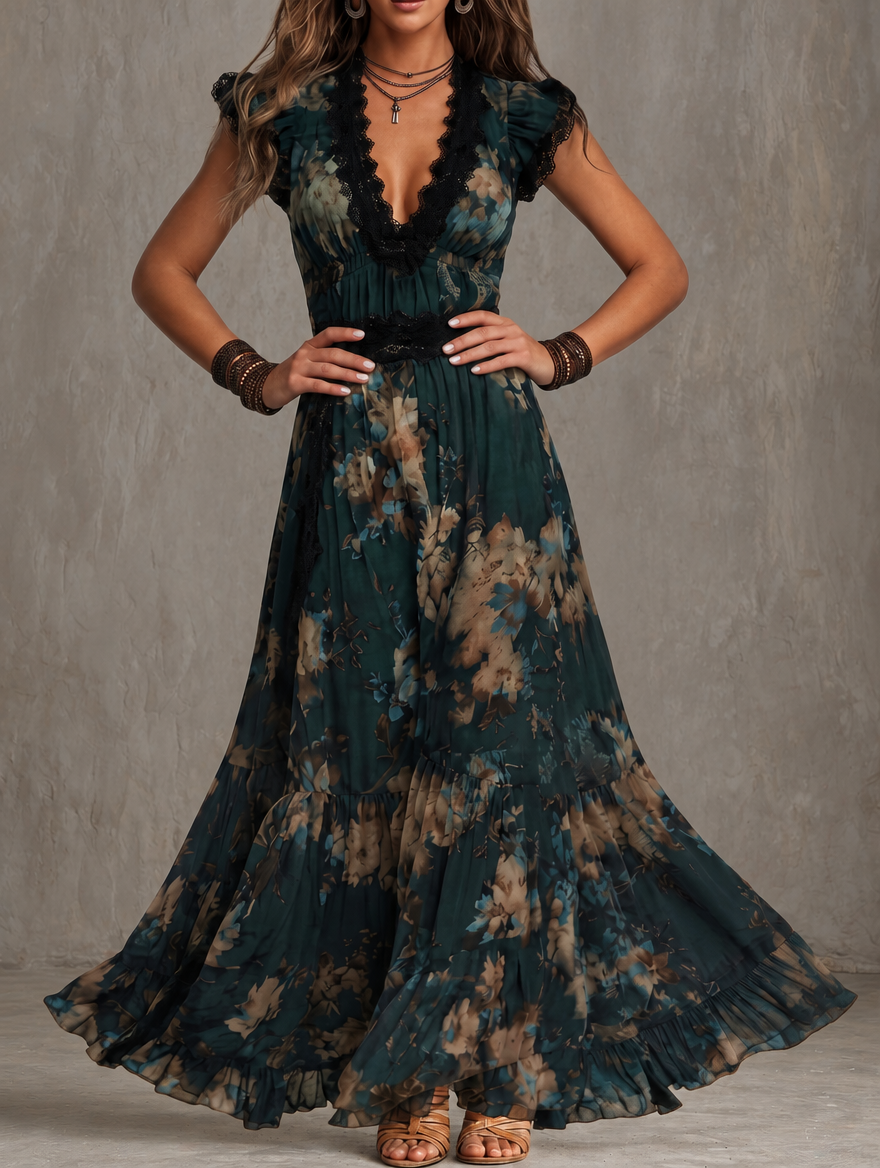 Lucie | Robe longue vintage à dentelle florale