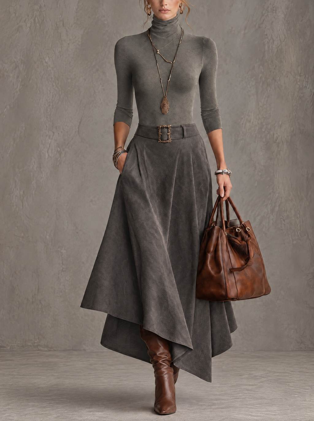 Françoise | Top gris à col montant et jupe mi-longue asymétrique
