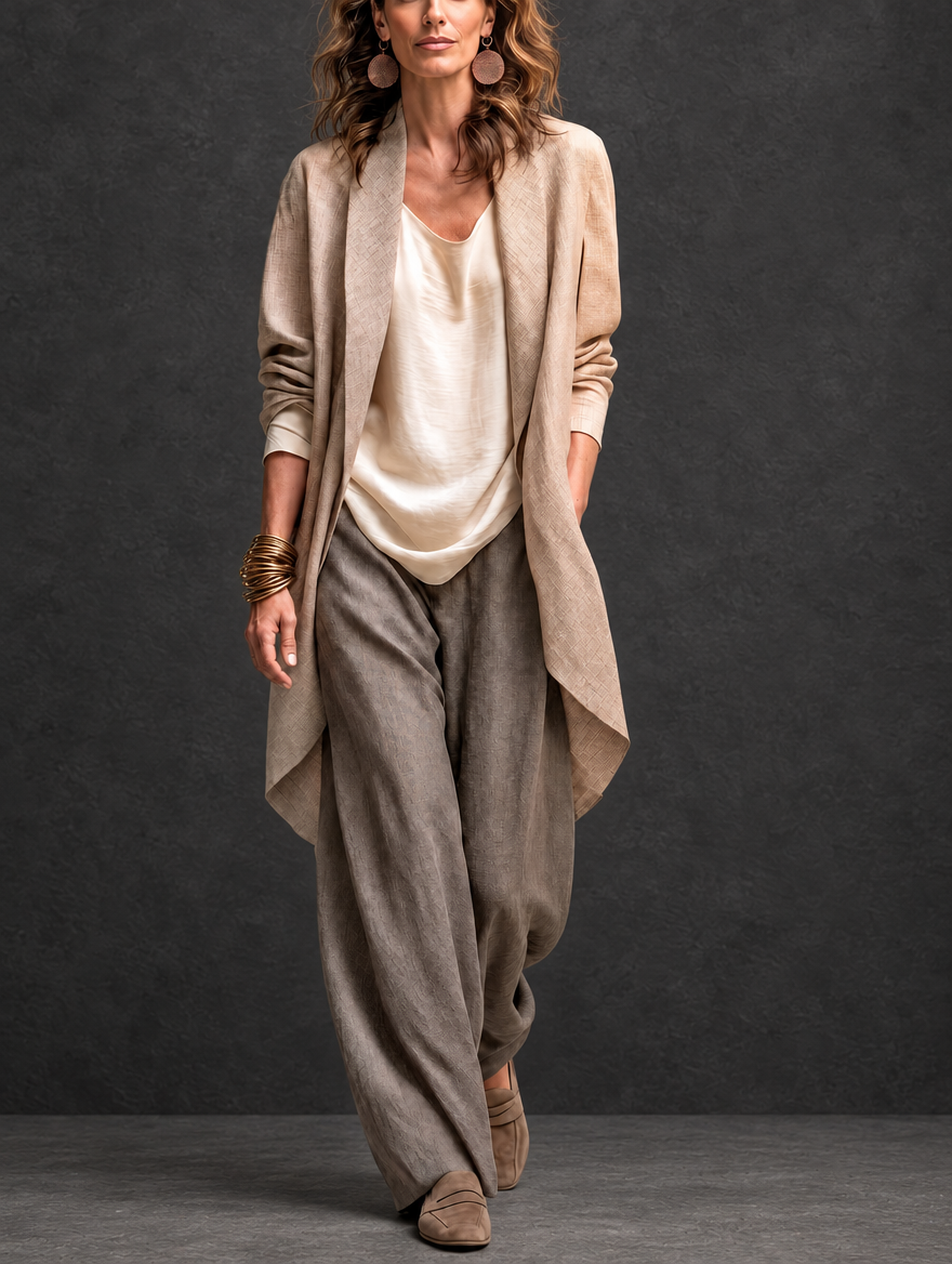 Constance | Ensemble trois pièces élégant beige et gris avec pantalon palazzo.