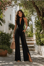 Minerva | Mono de una pieza estilo bohemio elegante con paneles de encaje negro, cintura fruncida y pernera ancha.