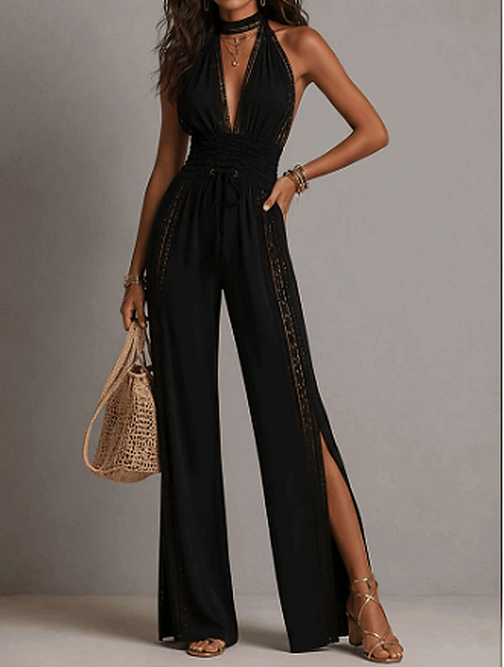 Minerva | Mono de una pieza estilo bohemio elegante con paneles de encaje negro, cintura fruncida y pernera ancha.
